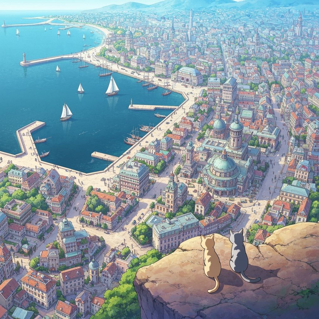 Coastal City View with Cats, Anime Style