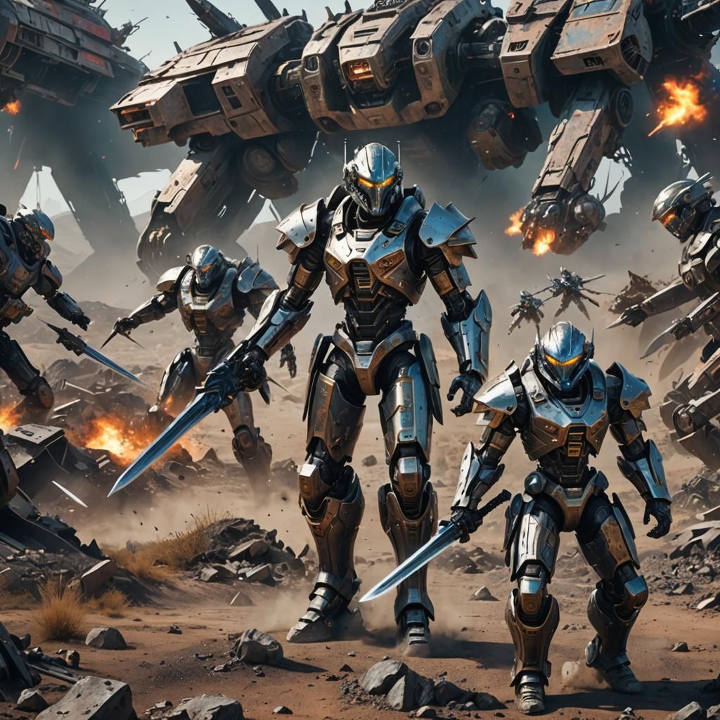 Armored Warrior Battles Robots in Wasteland Art