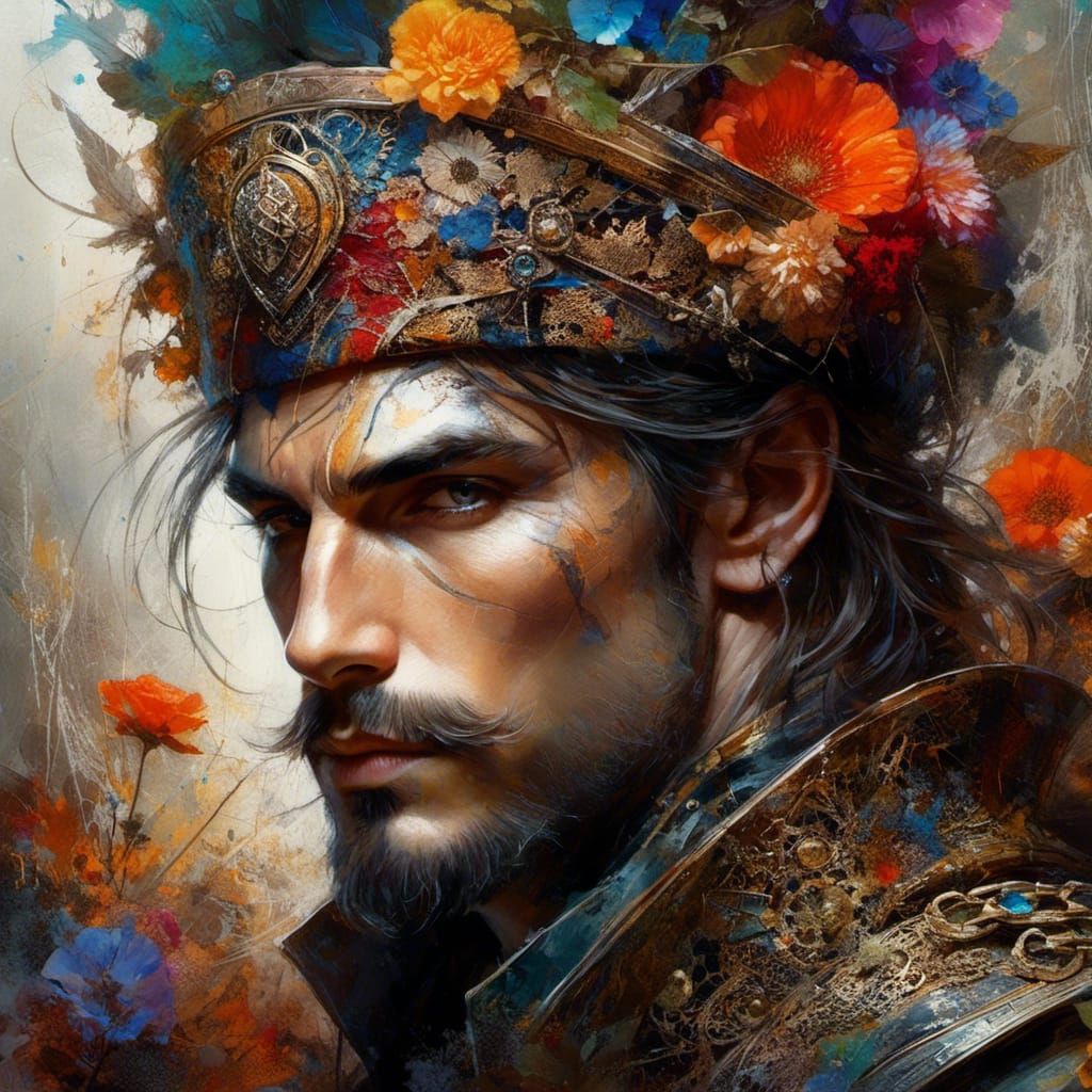 Hyperdetailed Norse Pirate Ninja God Man with Flowers