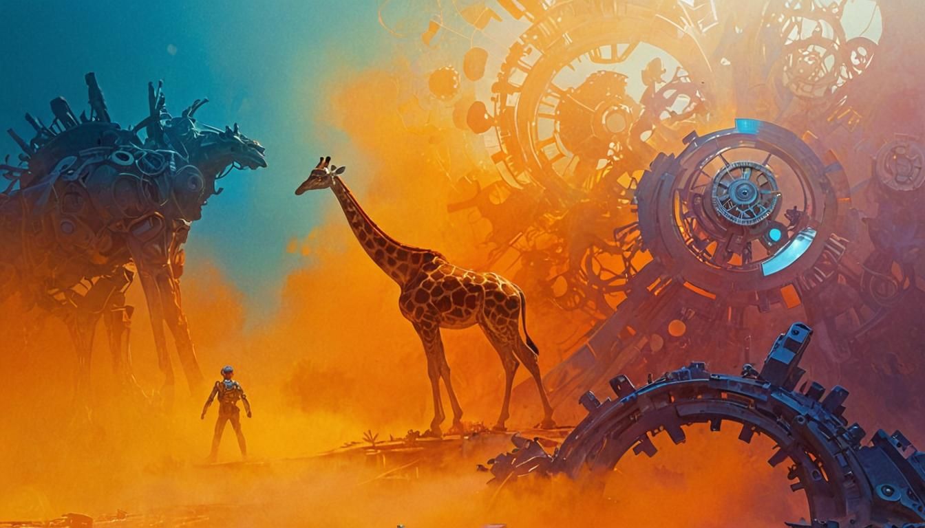Giraffe in Swirling Vortex amidst Timeless Clockwork