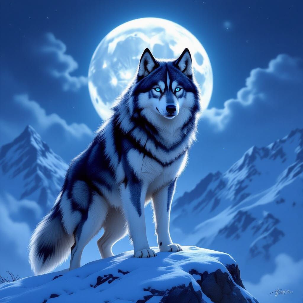 Majestic Husky Dire Wolf Hybrid in Moonlit Mountain Art