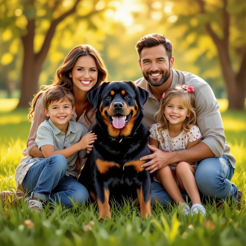 Joyful Family Portrait with Loyal Rottweiler in Golden Hour ...