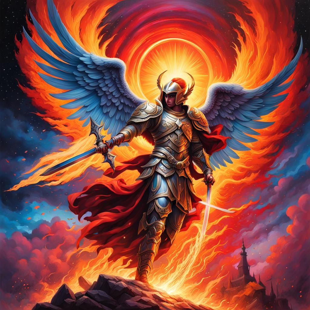 Archangel with Fiery Sword in Graffiti Art Style