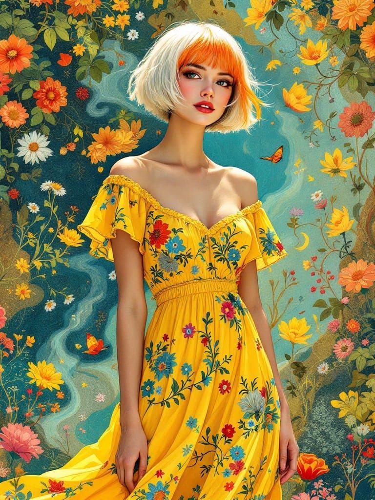 Woman in Bright Yellow Sundress with Whimsical Hair and Cont...