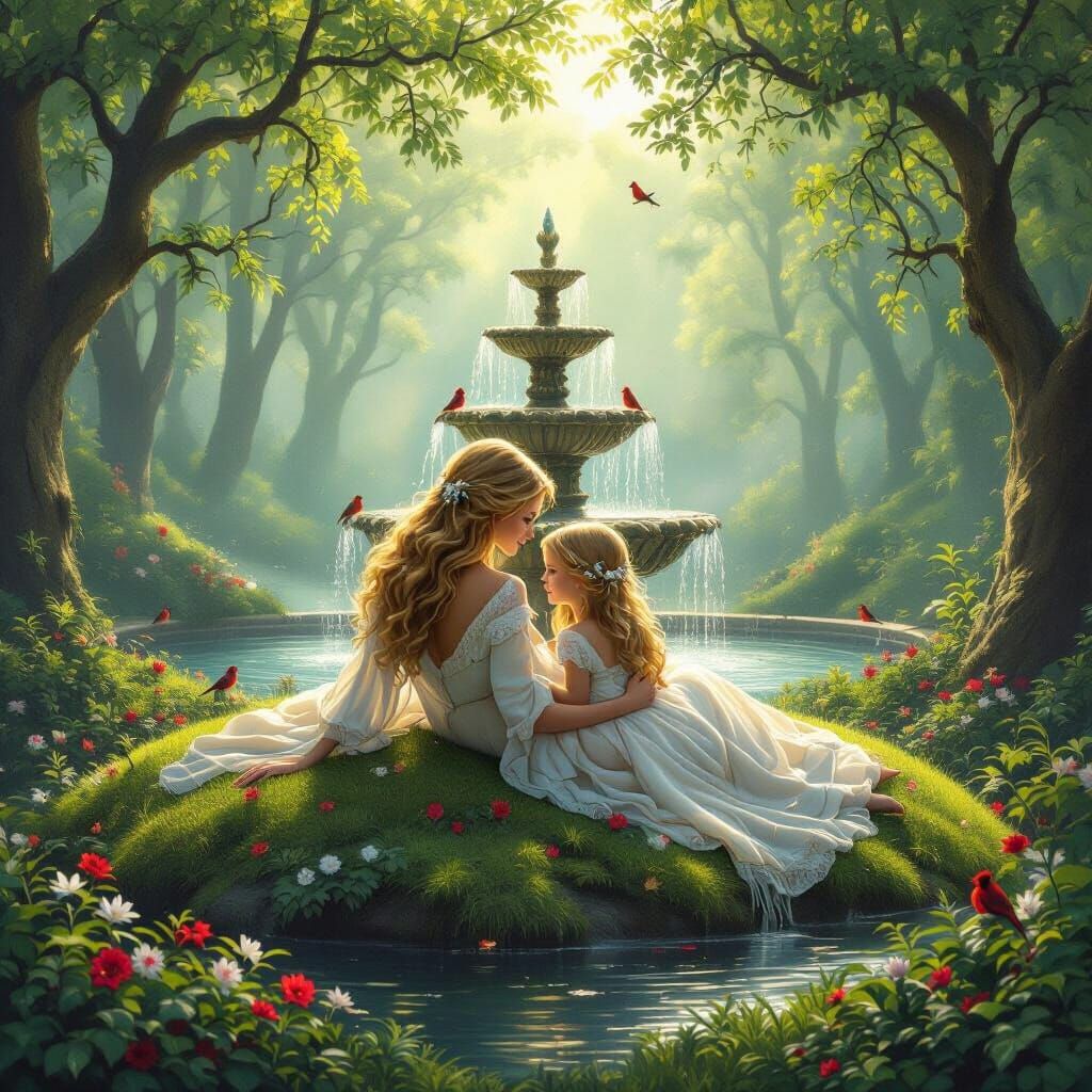 Enchanted Forest Scene: Mother and Daughter in Fantasy Art