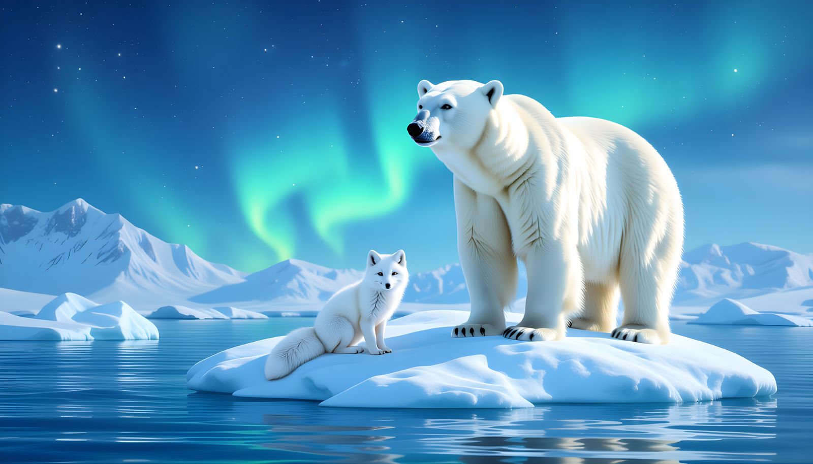Polar Bear and Fox Kit on Iceberg Under Northern Lights