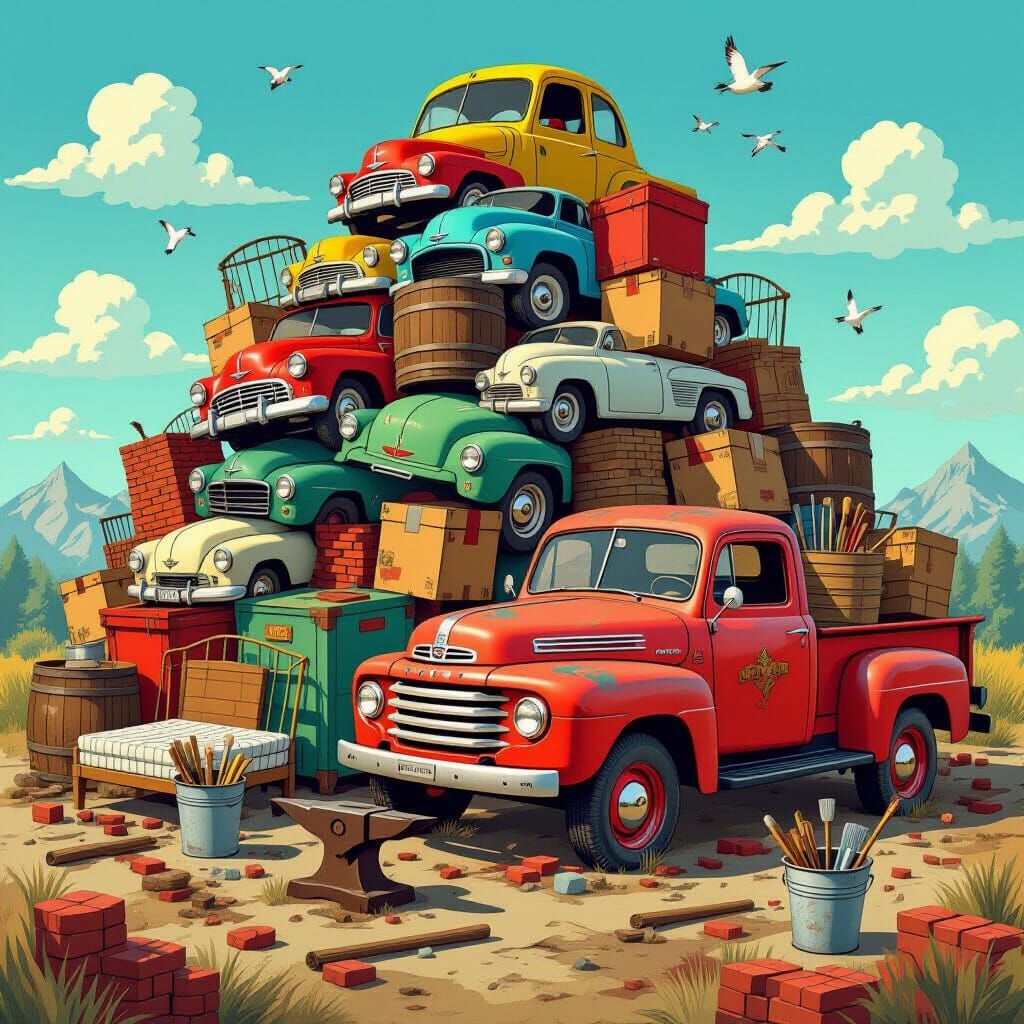 Dr. Seuss Style Junkyard Mountain with Old Ford