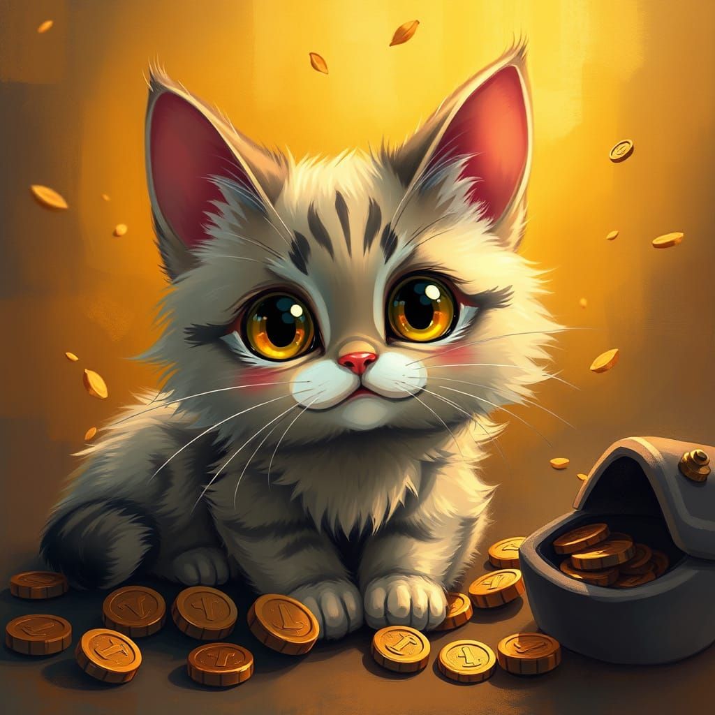 Whimsical Cat Surrounded by Treasure in a Golden Glow