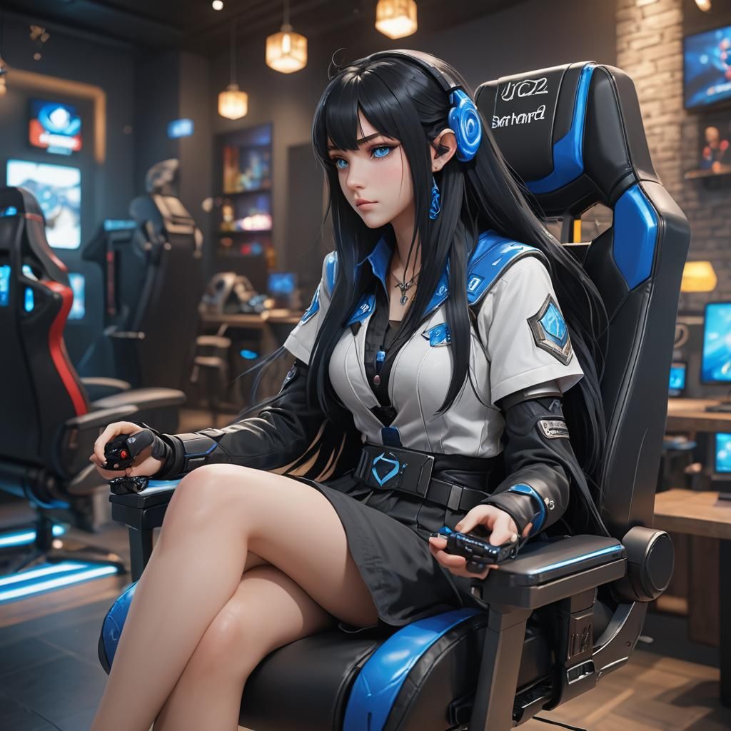 Anime Girl Gamer at Cafe in 3D Style