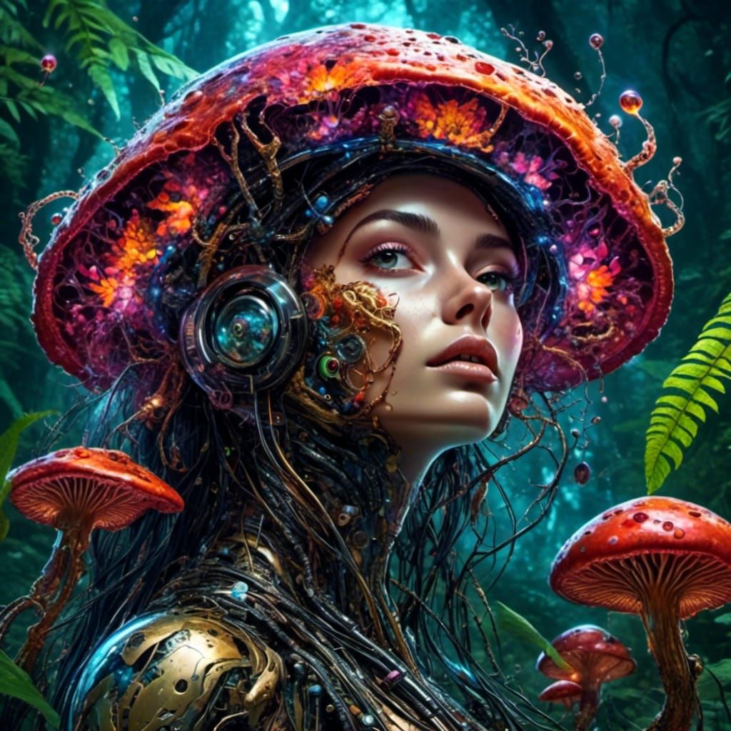 Anthropomorphic Robot Mushroom Creature in Jungle Ambience