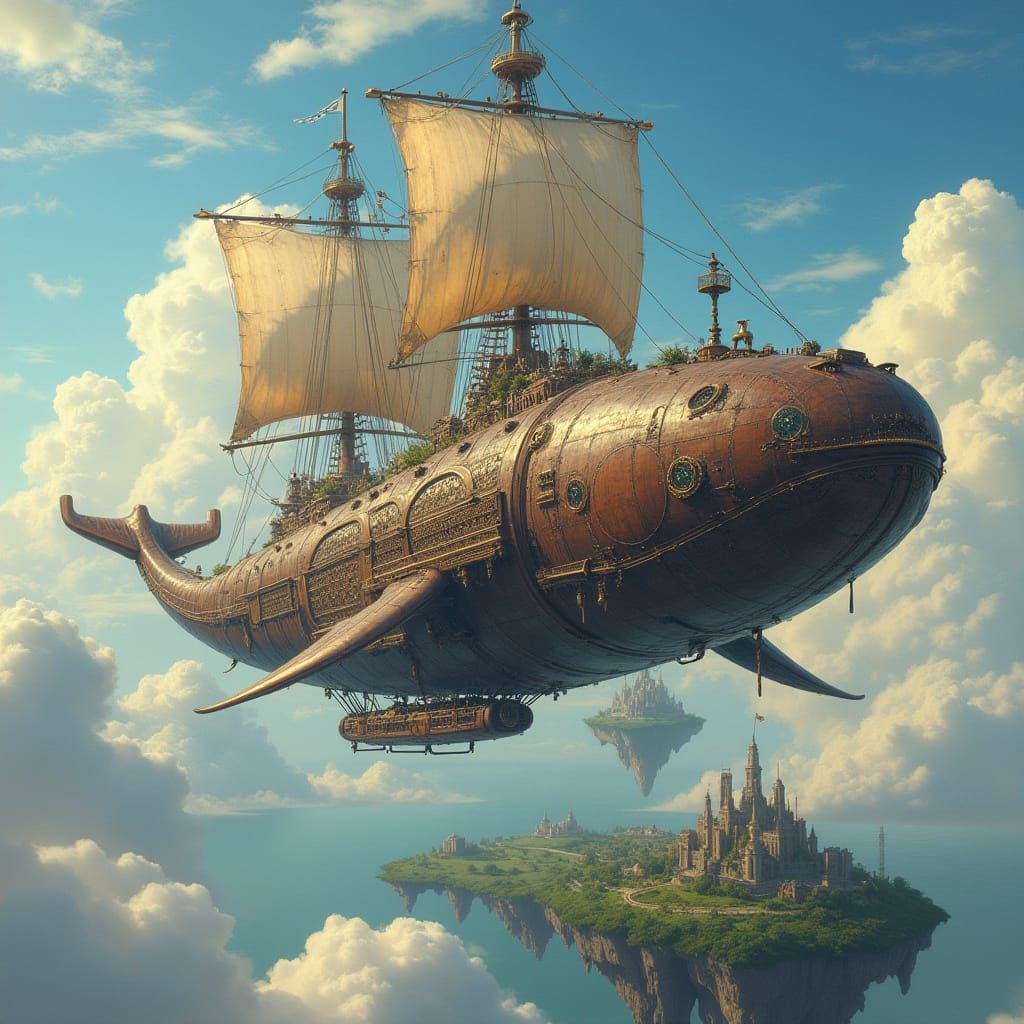 Steampunk Whale Airship Soaring Through Fantasy Sky