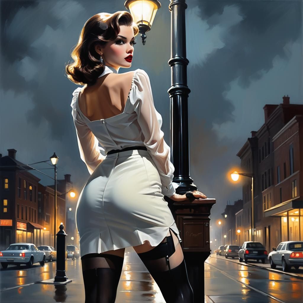 Noir Femme Fatale Under Streetlight as Oil Painting
