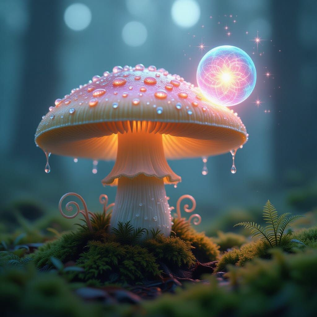 Bioluminescent Mushroom Cap with Fractal Dewdrops