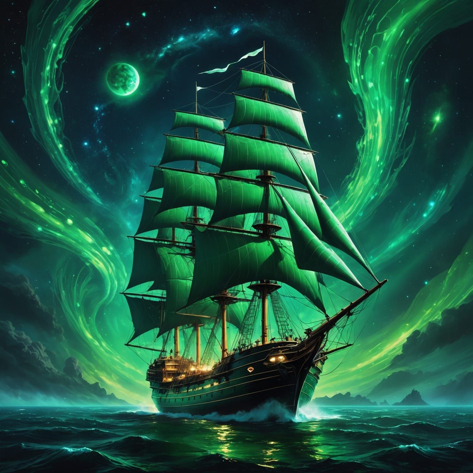 Bioluminescent Ship Gliding Through Dark Matter in Space