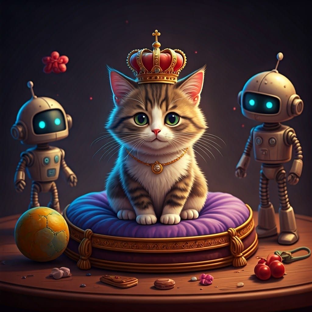 Cartoon Cat King on Cushion Throne with Robots