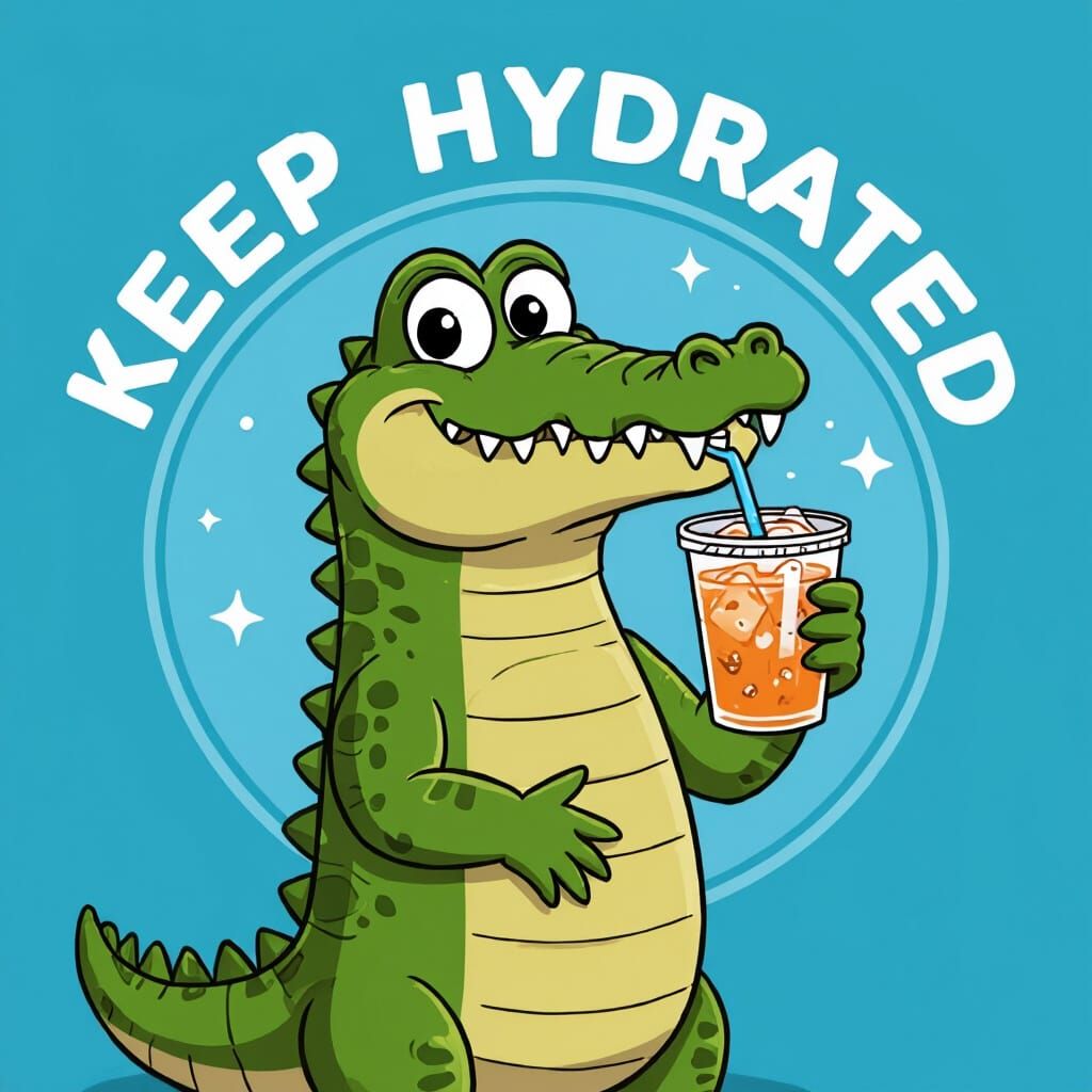 Cartoon Alligator with Drink: Keep Hydrated