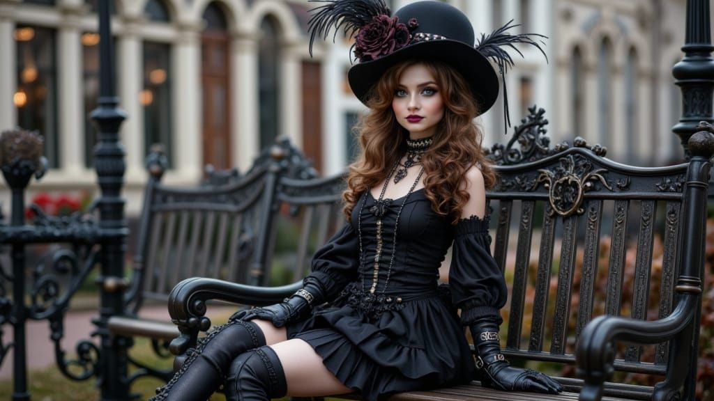 Whimsical Gothic Woman on Vintage Park Bench