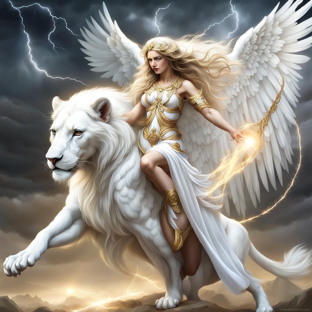 White Angel on White Lion with Wings
