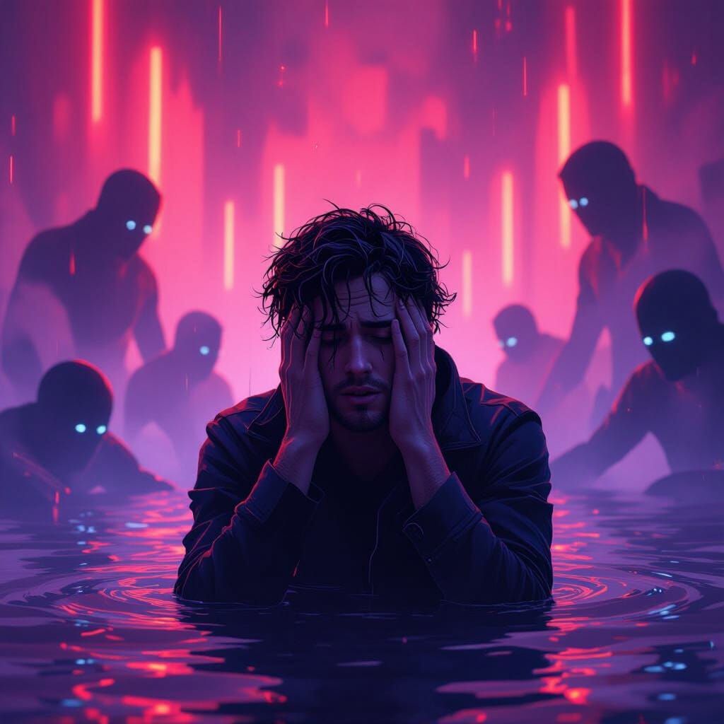 Distressed Person in Dark Dystopian Scene