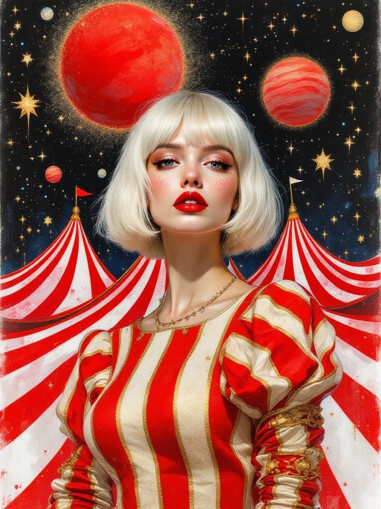 Vibrant Abstract Woman in Red and White Stripes Gazing Direc...