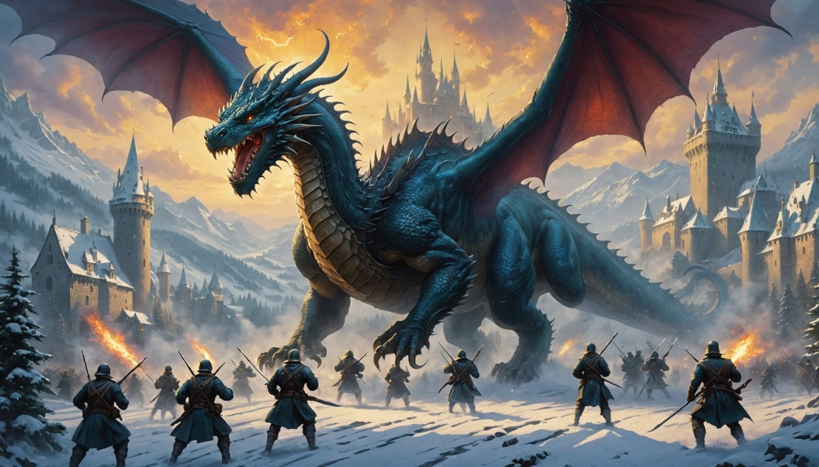 Medieval Knights Battle Giant Dragon in Snowy Fantasy Landsc...