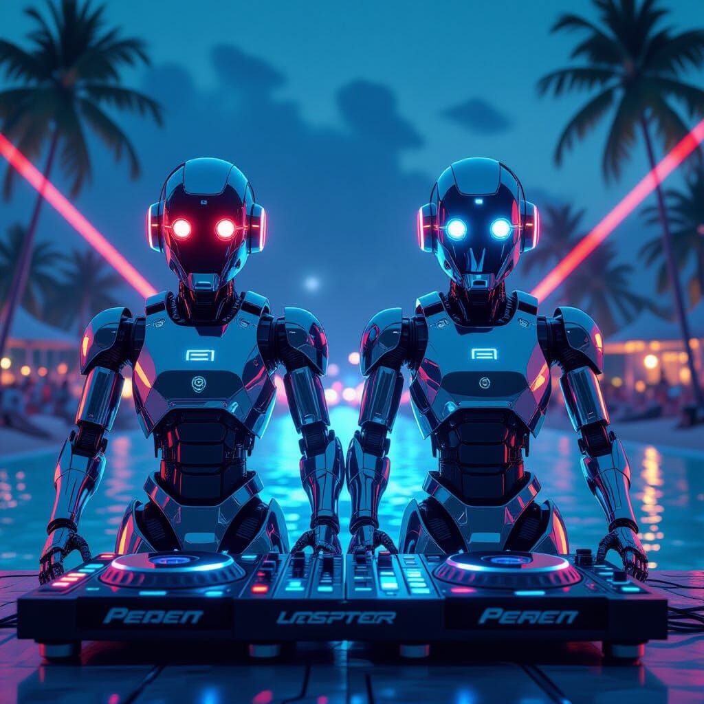 Futuristic DJ Robots in Cyberpunk Festival