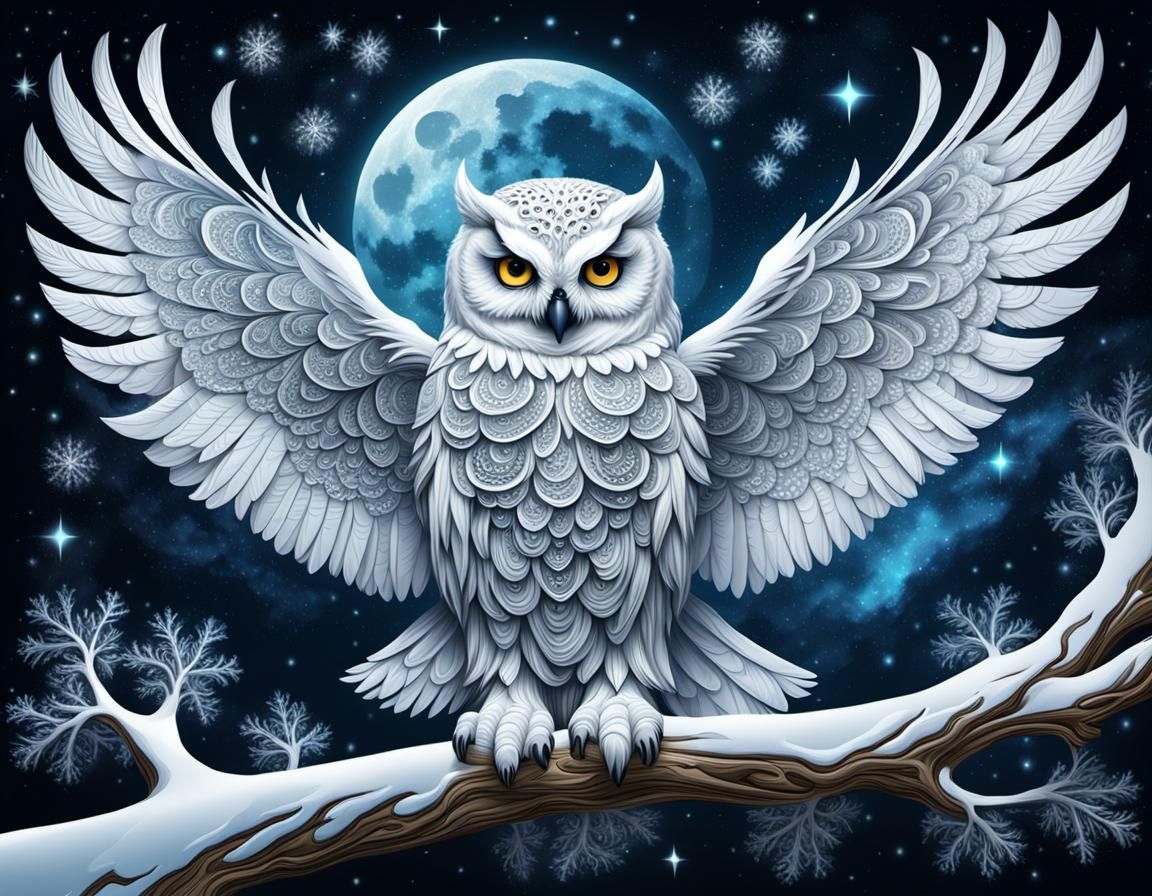 Bioluminescent Fractal Snow Owl Taking Flight
