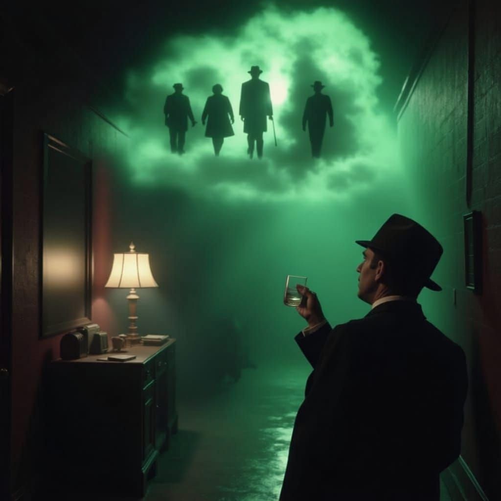 Noir Detective Holds Glowing Falcon in Ethereal Office