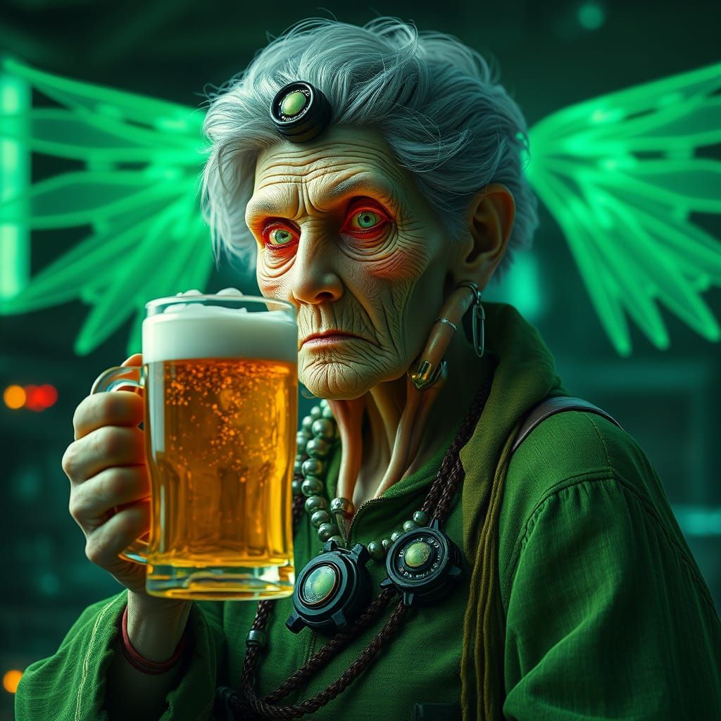 Emerald Grandma in Futuristic Biomechanical Armor