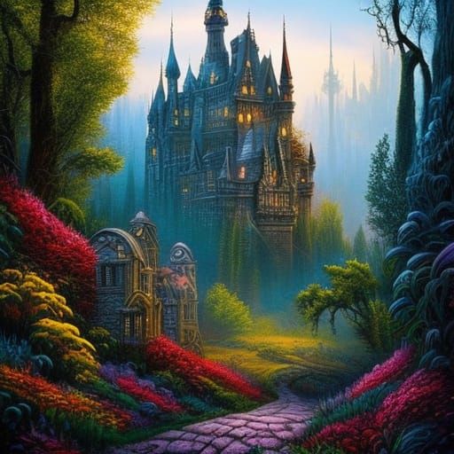 Floral Castle in Mixed Media Fantasy Art