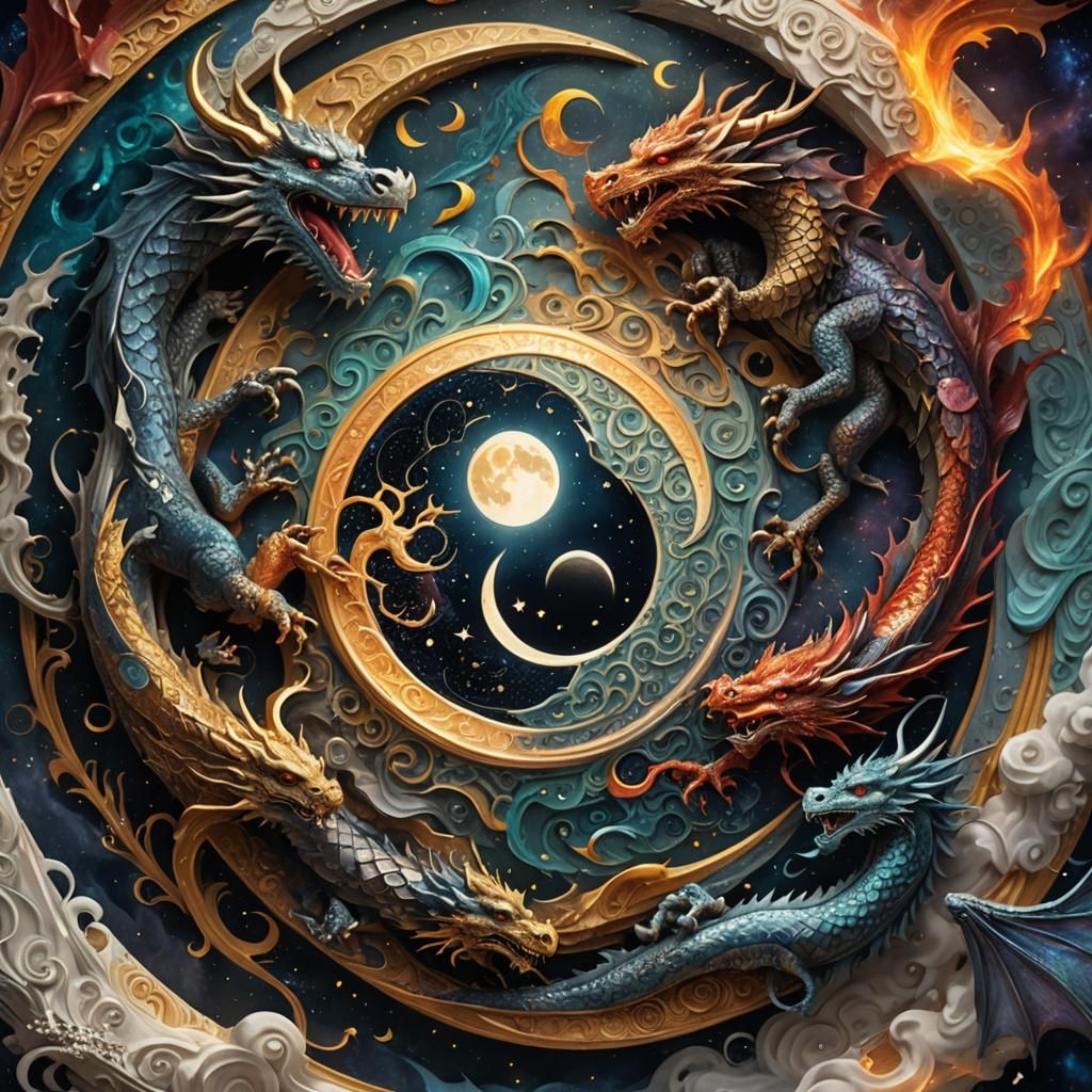 Dragons Orbiting Yin Yang Moon: Fantasy Concept Art