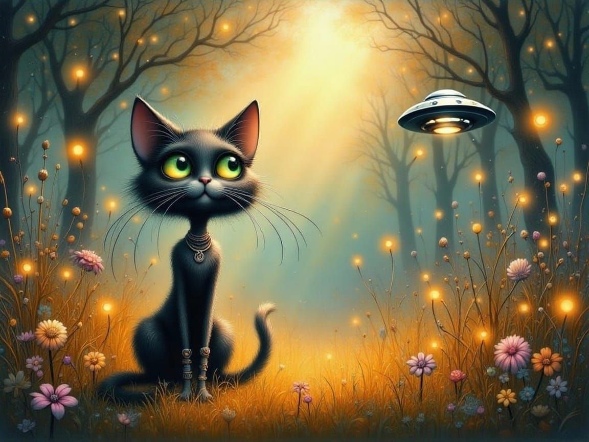 Airbrushed Meadow with Magical Black Cat