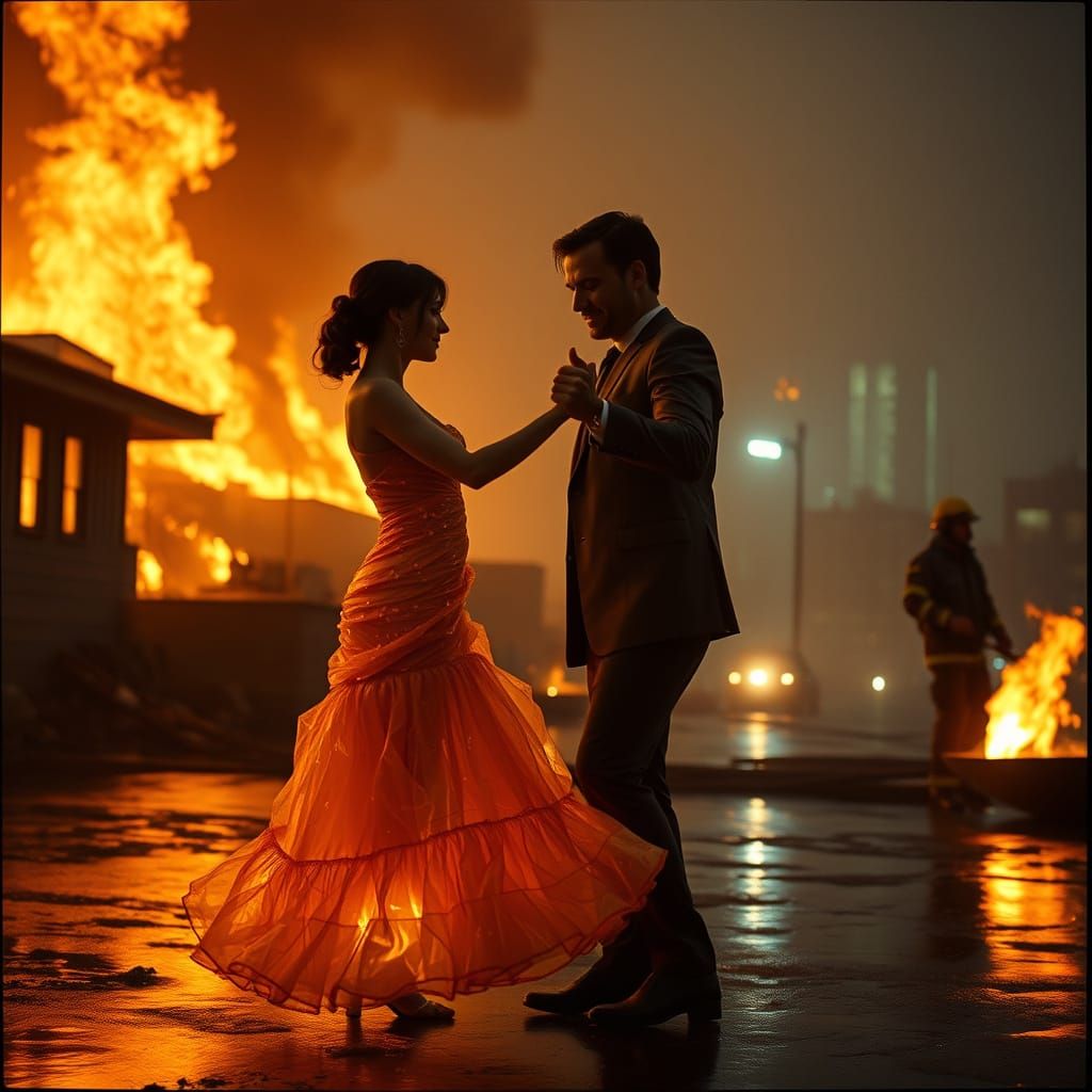 Fiery Dancer with Water Man in Burning City