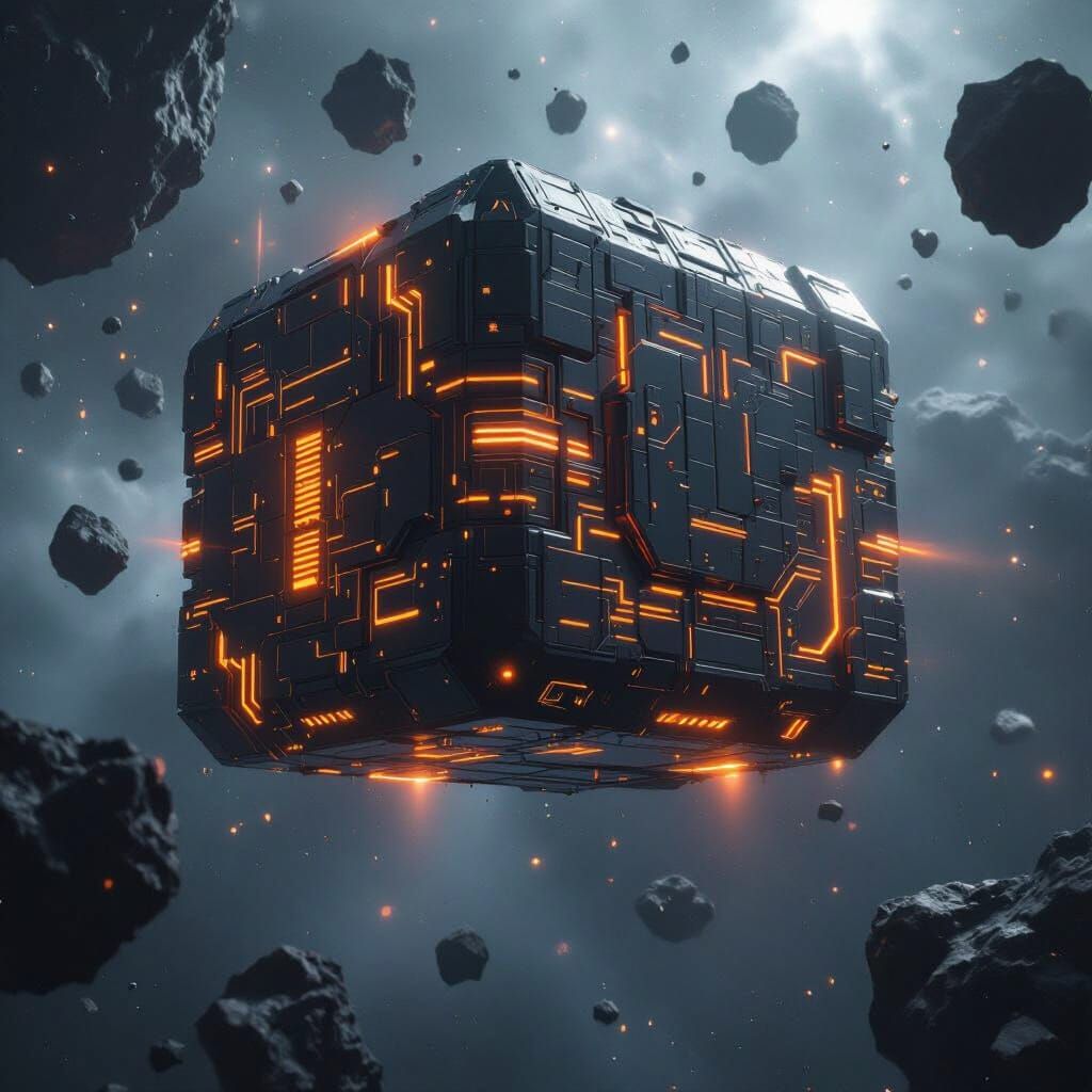 Cyberpunk Spaceship Drifting Through Asteroid Belt