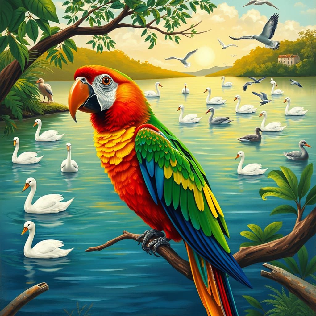 Vibrant Parrot Perched on Branch Overlooking Serene Lake in...