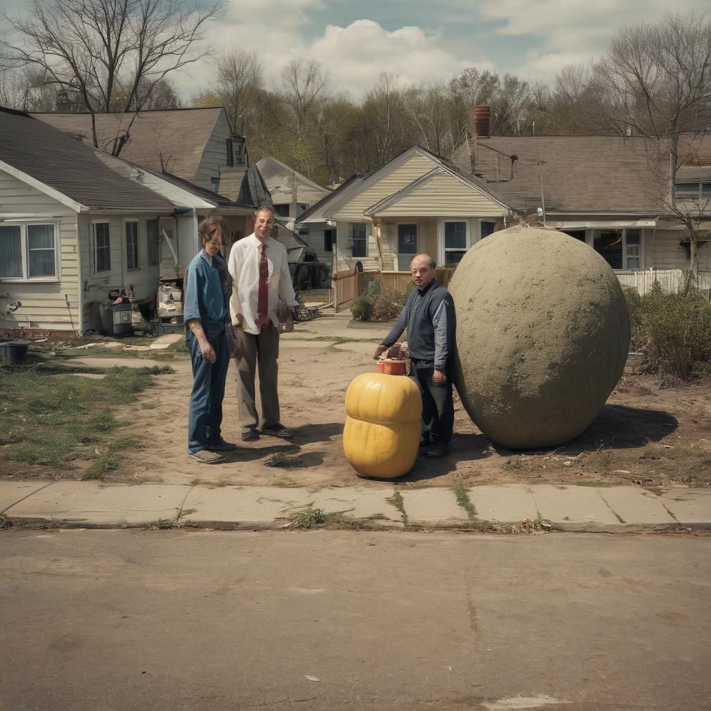 Surreal Suburban Scene with Gas Cylinders and Giant Potato i...