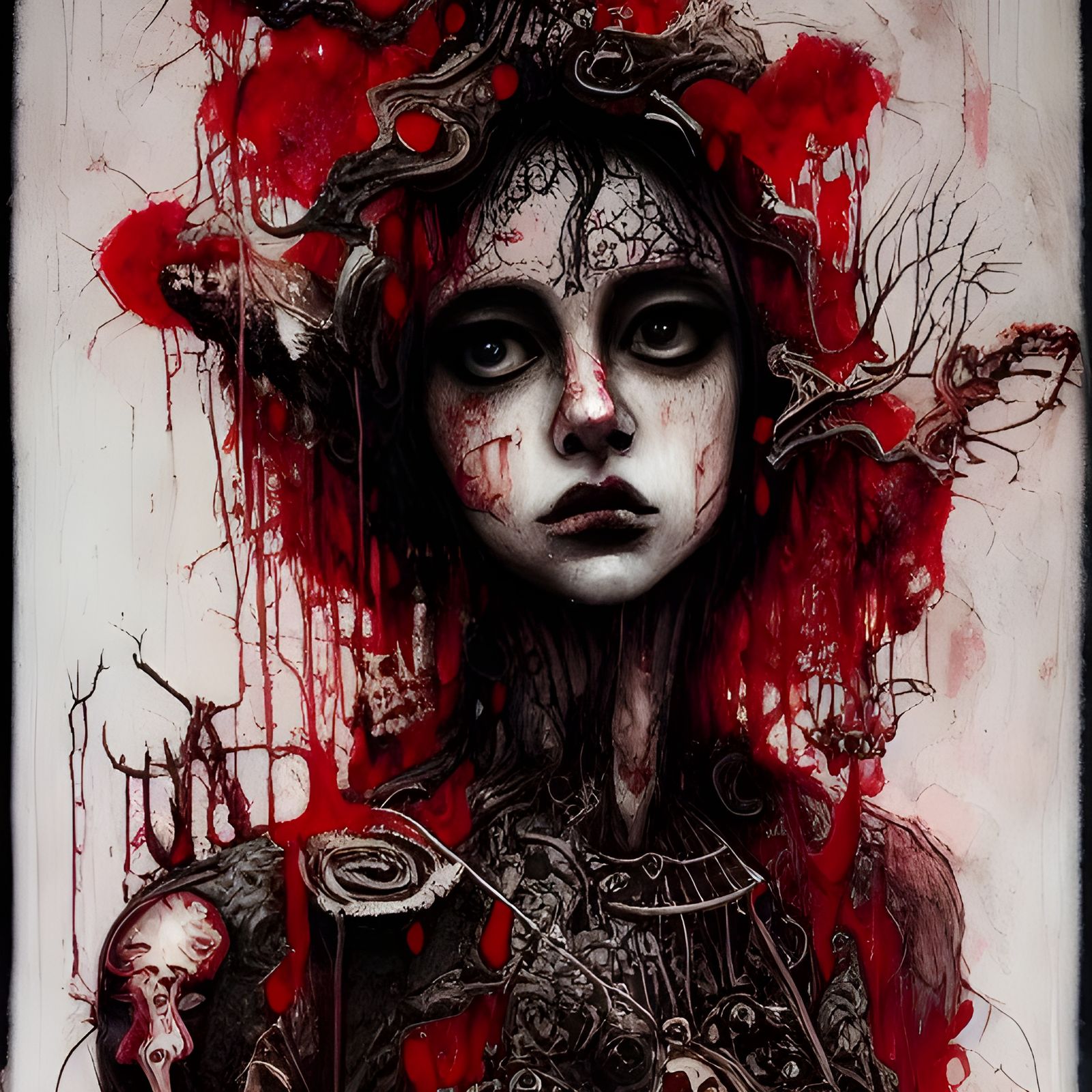 Bone Priestess in Blood Rain, Ink Painting