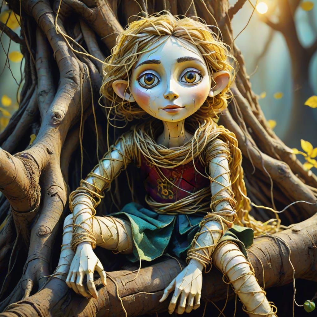 Surreal Puppet on Root in Mixed Media Style