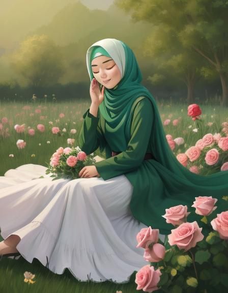 Hijabi Woman in Digital Painting with Roses