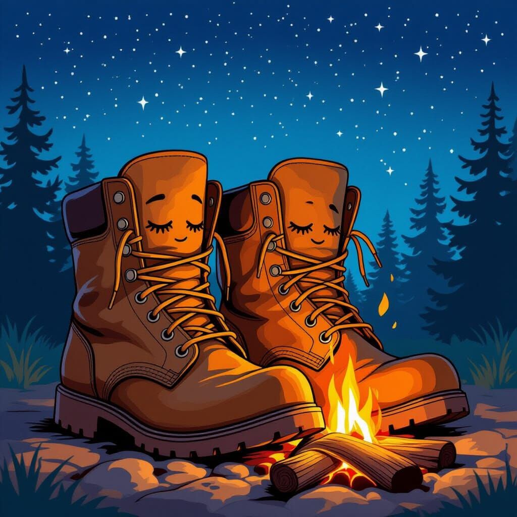 Worn Hiking Boots Rest by Cozy Campfire