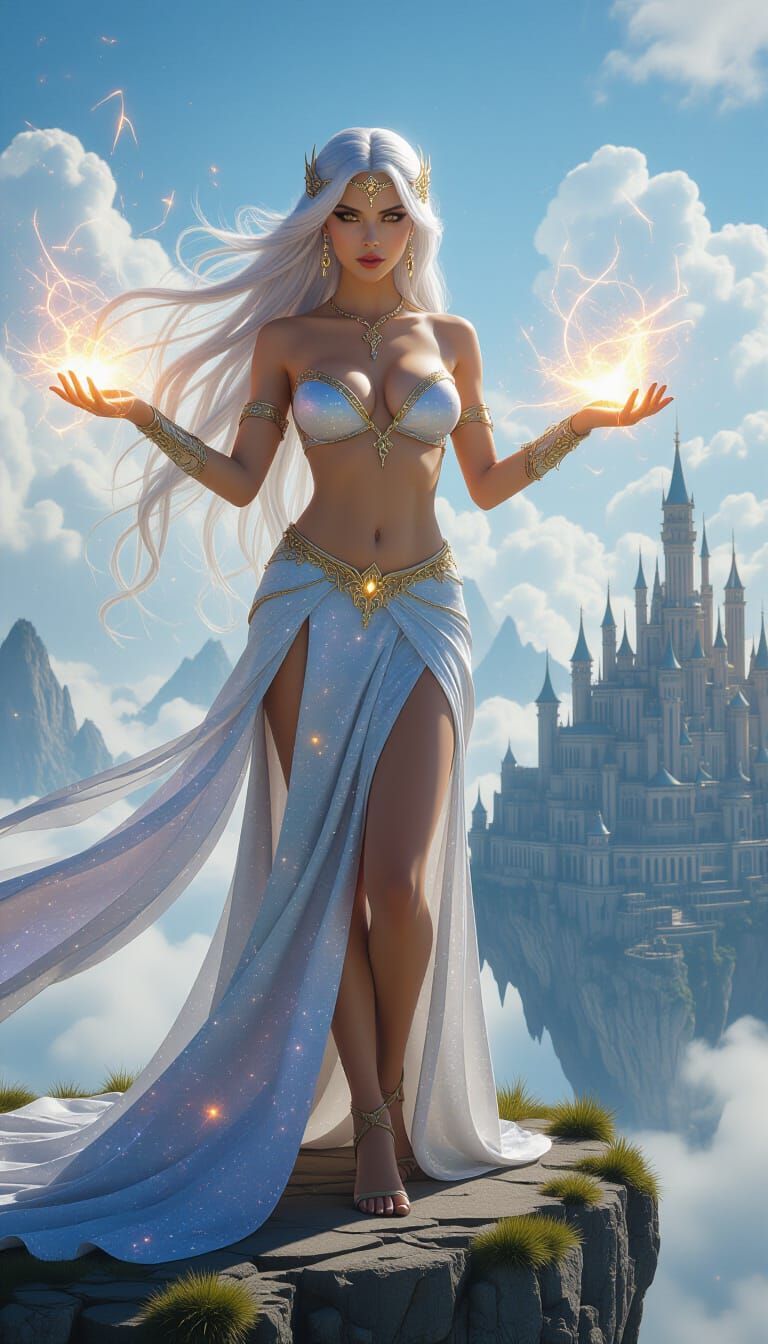 Starlight Sorceress Over Fantasy Kingdom, Hyperrealistic Art