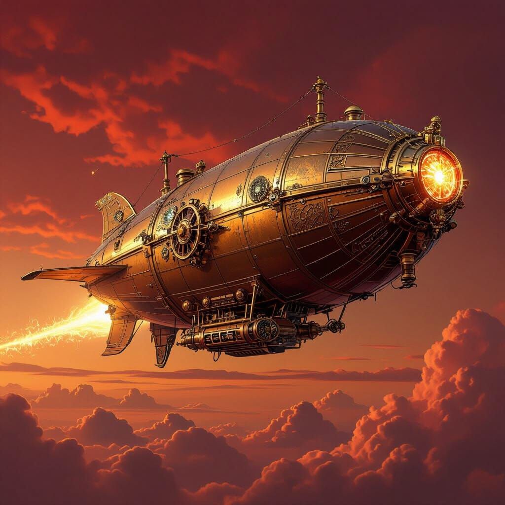 Steampunk Airship in Crimson Sky: Fantasy Art