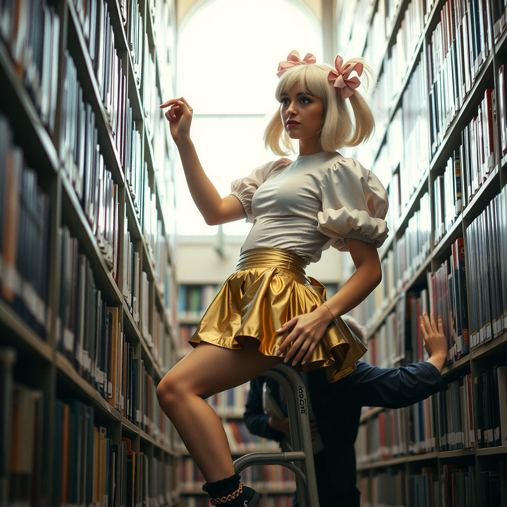 Young Man in Miniskirt Ascends Library Ladder