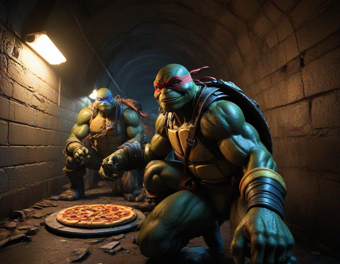 Teenage mutant ninja turtles eating pizza in a sewer undergr...