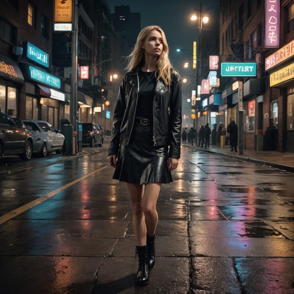 Blonde in Cityscape at Night, Inspired by Ash Thorp