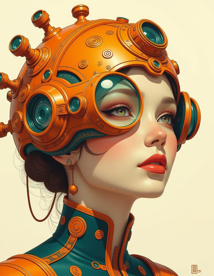Futuristic Woman in Oceanic and Contraption Art Style