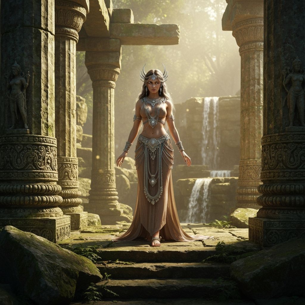 Goddess in Overgrown Roman Temple, Hyperrealistic Style