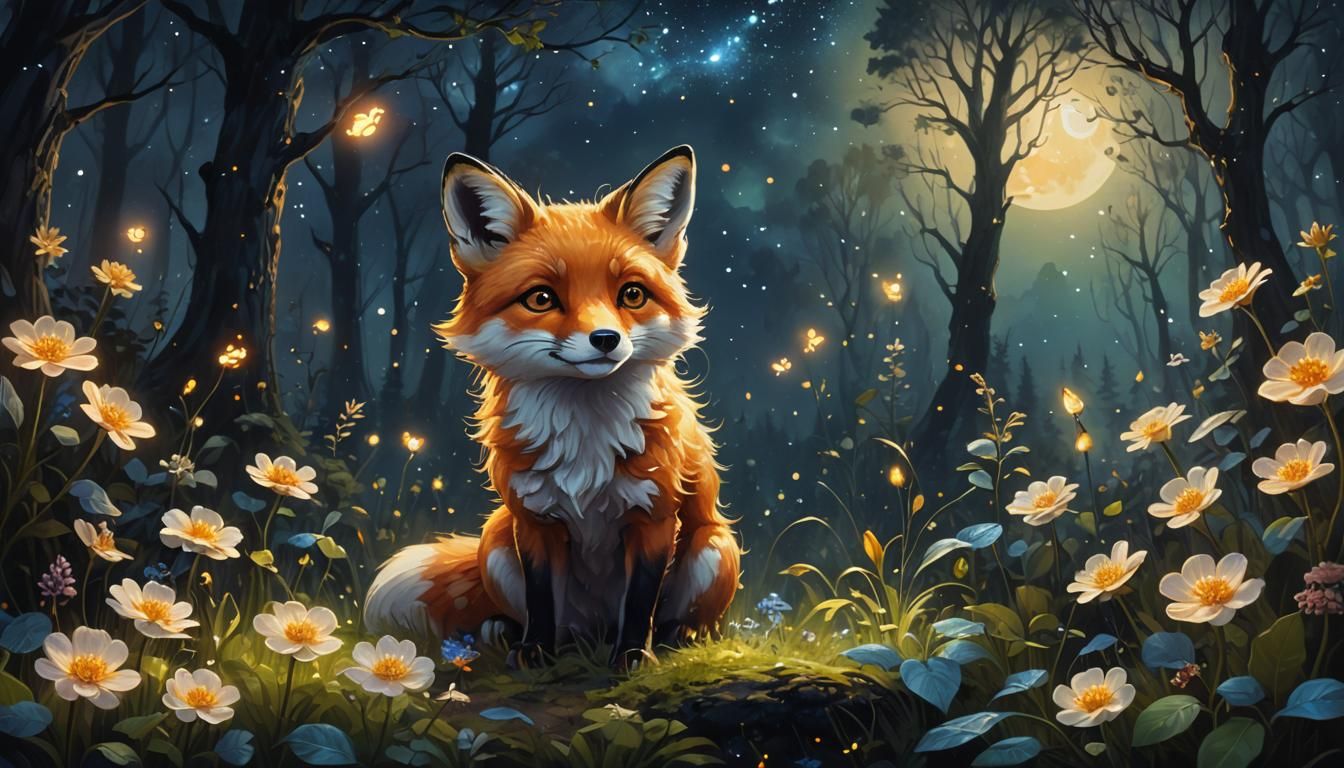 Glowing Fox Cub in Starry Forest: Digital Oil Painting