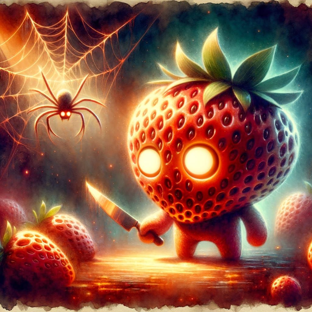 Strawberry Chibi Gaining Spider Powers, Watercolor Illustrat...