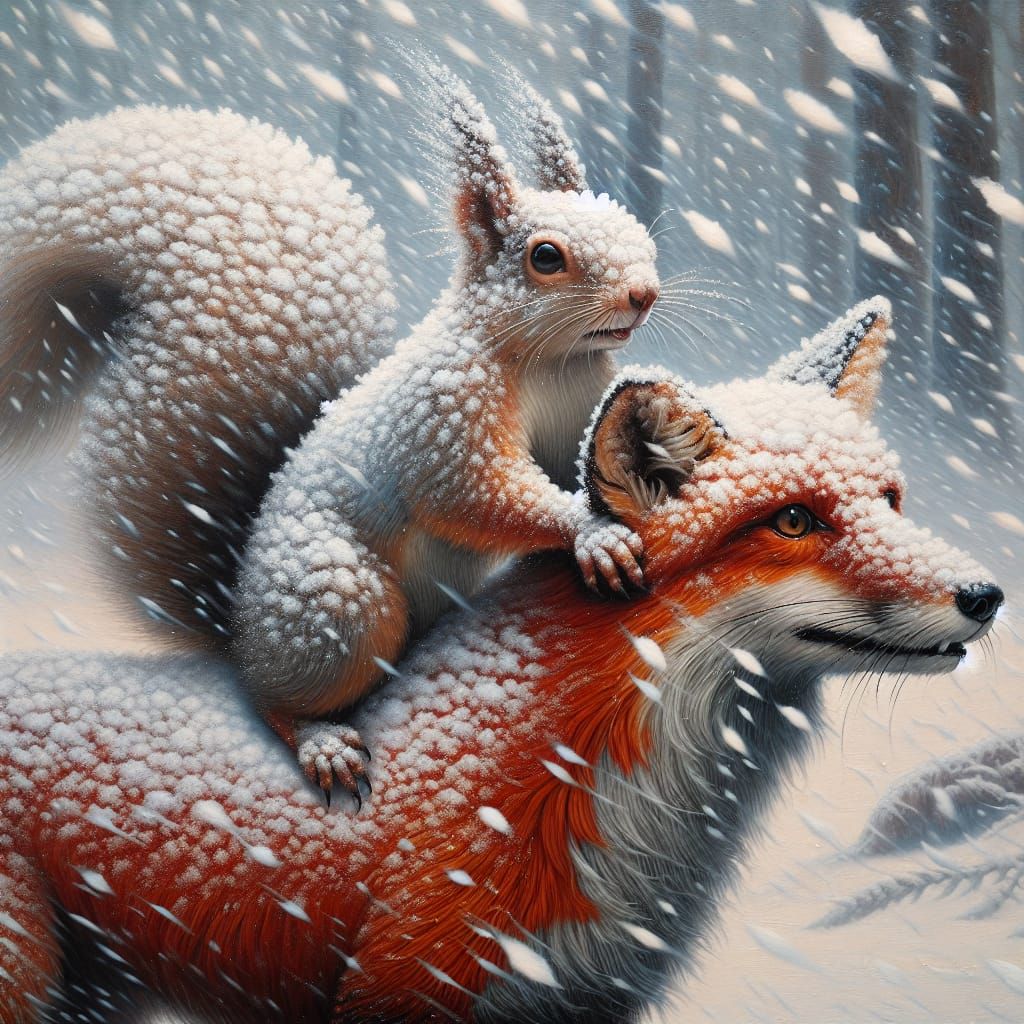 Squirrel Rides Snowy Red Fox in Australian Blizzard Landscap...